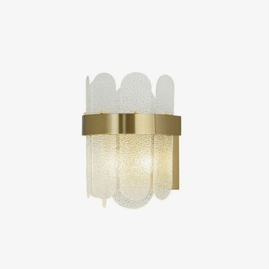 Designer LED vägglampa i guldmetall och färgat glas