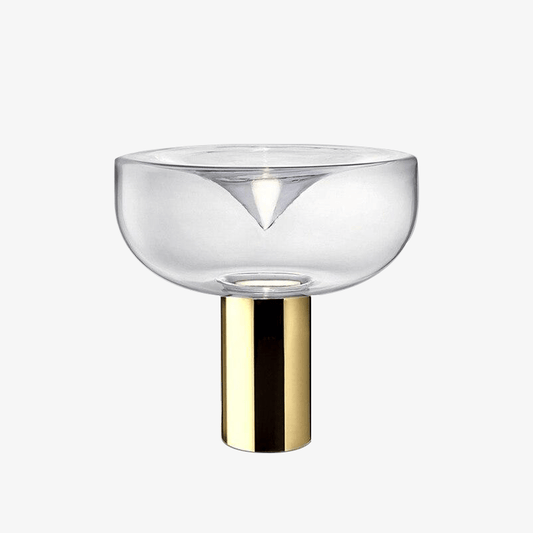 Designer LED-bordslampa med rundad lampskärm och guldcylinder