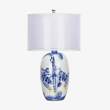 Vit och blå keramisk LED-bordslampa med lampskärm i japansk stil