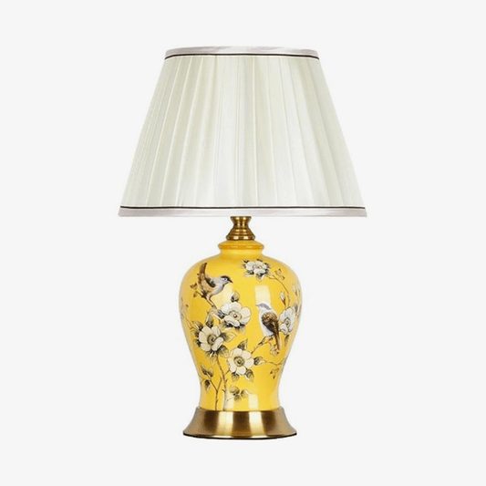 LED bordslampa i keramik och blommor med vit lampskärm i japansk stil