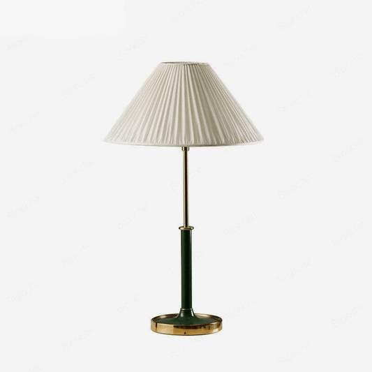 Designer LED sänglampa med guldfot och vit lampskärm