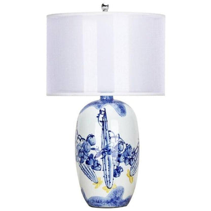 Vit och blå keramisk LED-bordslampa med lampskärm i japansk stil
