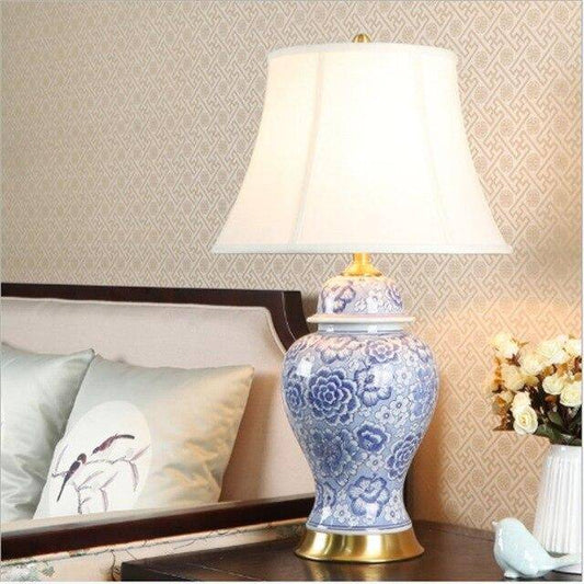 Blå keramisk LED-bordslampa med vit lampskärm i japansk stil