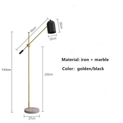 Guld LED designgolvlampa med svart lampskärm och marmorfot