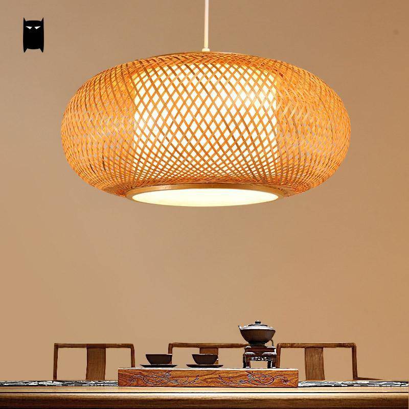 Oval rund bambu taklampa i japansk stil Vävd