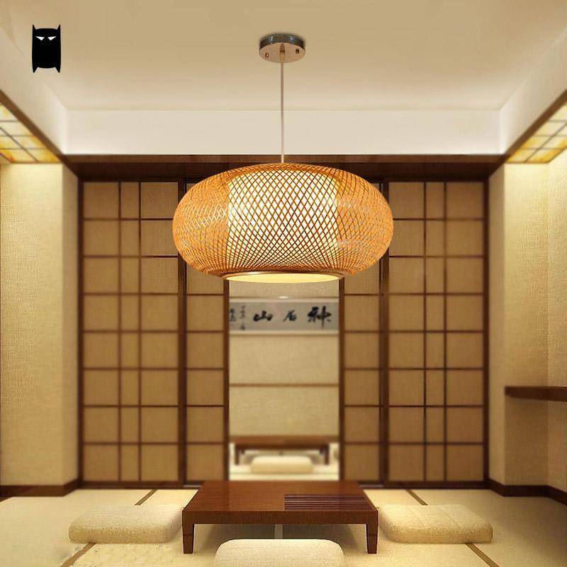 Oval rund bambu taklampa i japansk stil Vävd