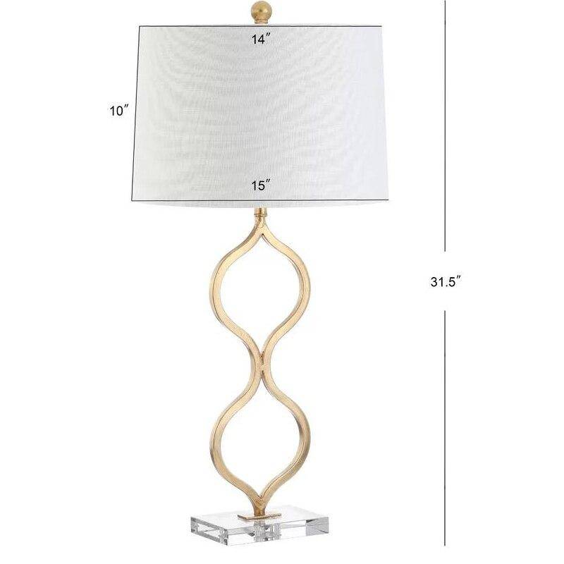 Designer LED-bordslampa med böjd guldstam och cylindrisk lampskärm