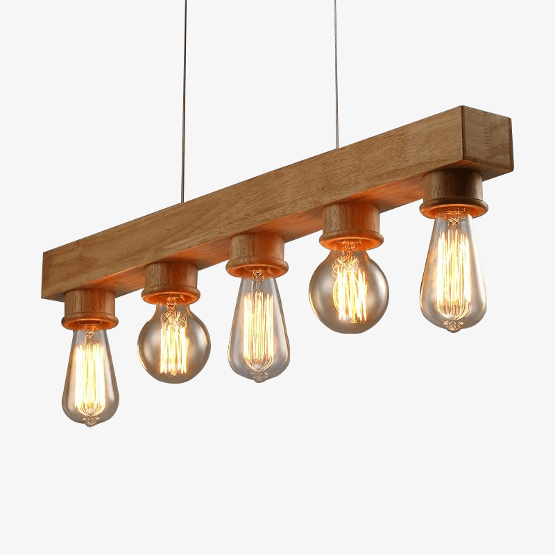 Pendellampa i trä med glödlampor i olika industriell stil