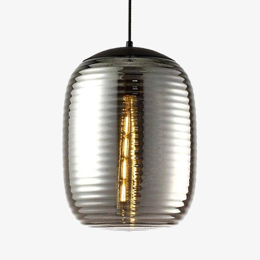 Designer LED-pendellampa i ovalt glas med linjer och industrimetall